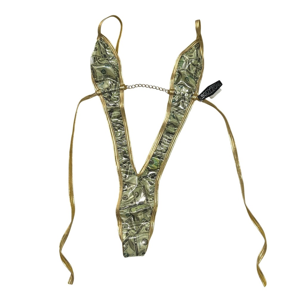 BodyZone Money Print Monokini‎ Gold Metallic V-Cut Bodysuit Rave Festival OS NWT